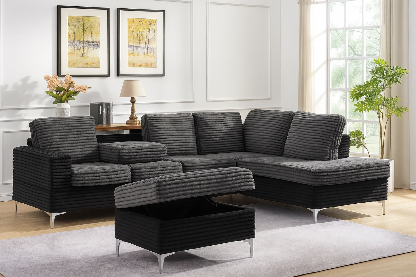 Dalton 2-Tone Black Corduroy Sectional Sofa with Ottoman & Drop-Down Table