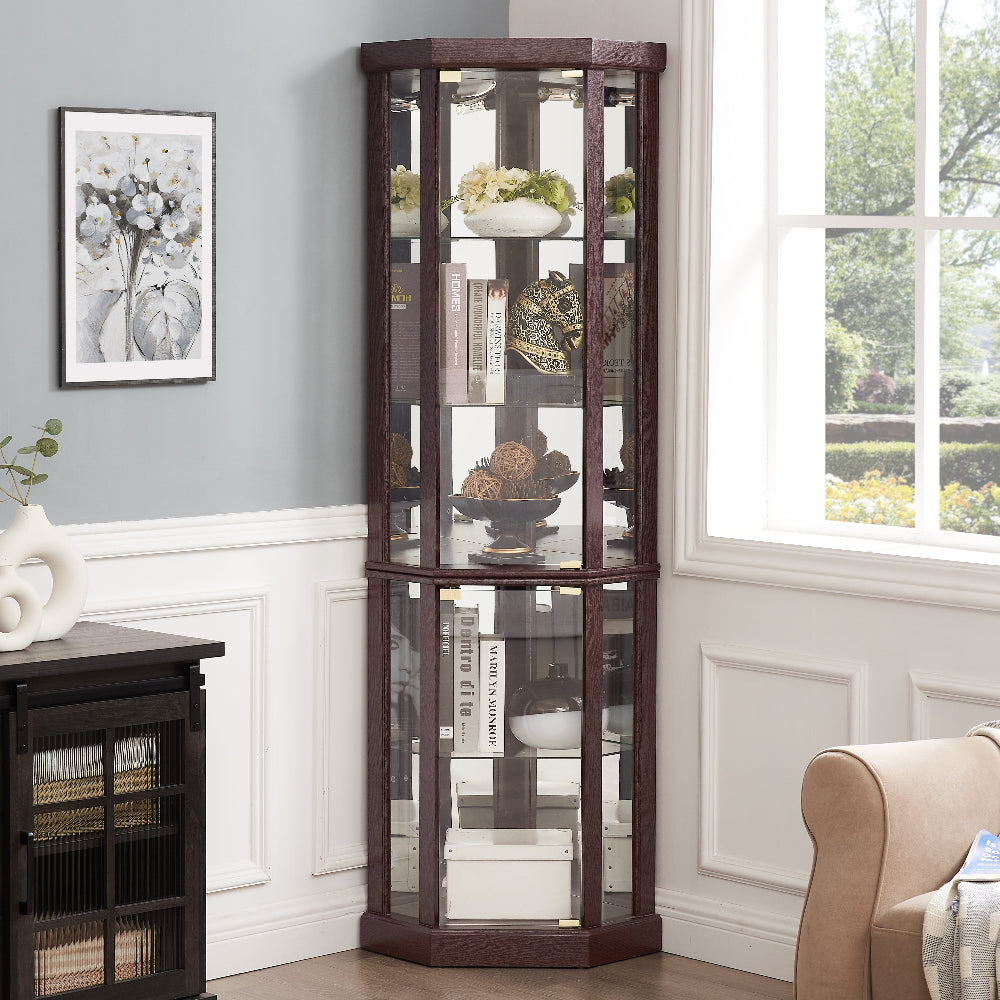 Corner display cabinet in a living room with books and decorative items.