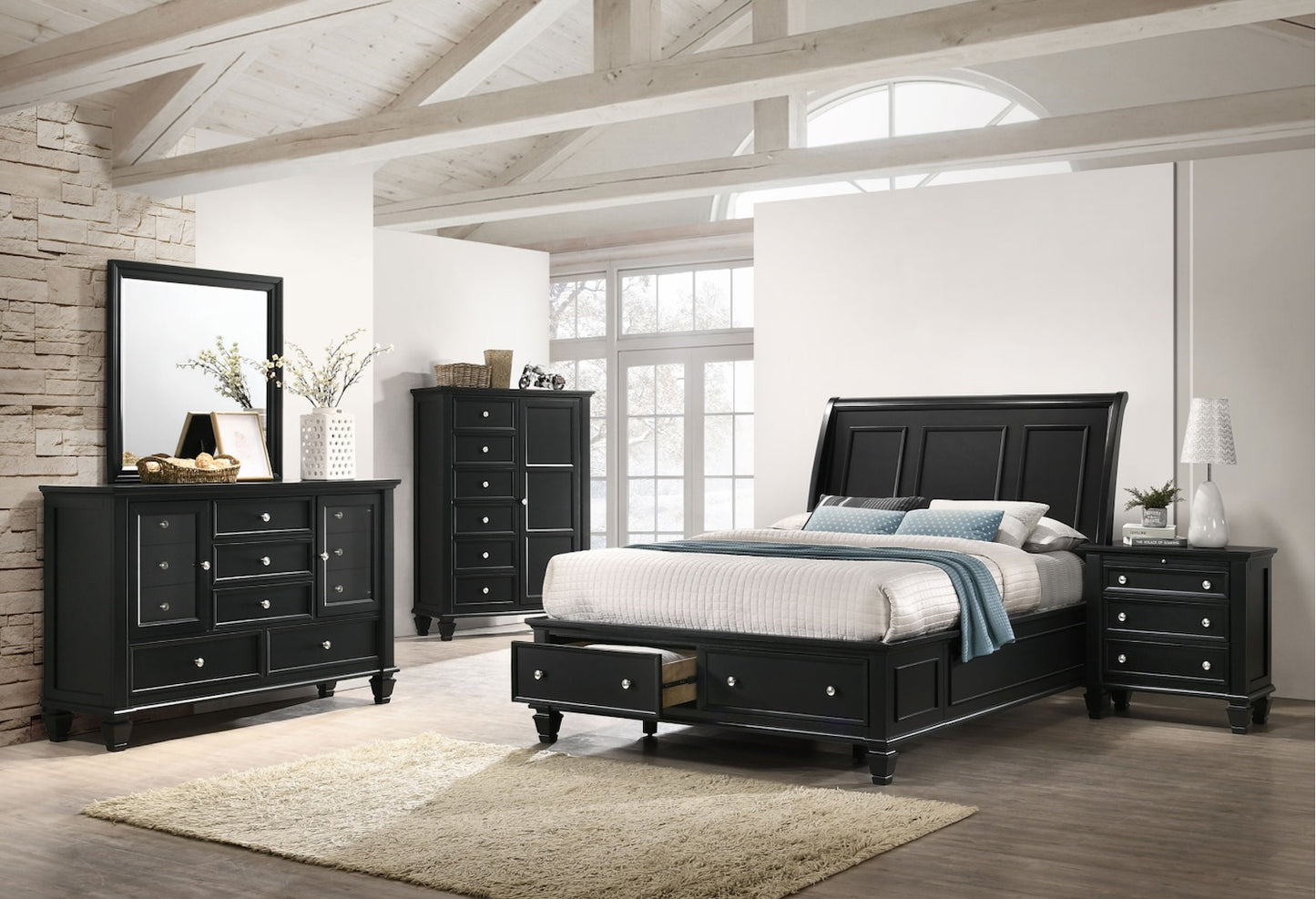 Sandy Beach Cottage Style King Bedroom Set, Black or White