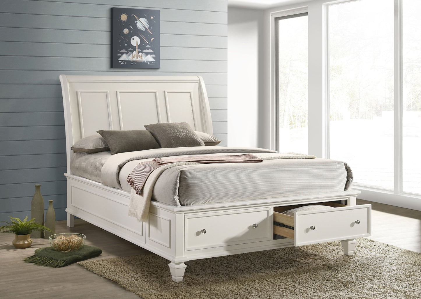 Sandy Beach Wood Queen Storage Panel Bed Cream White