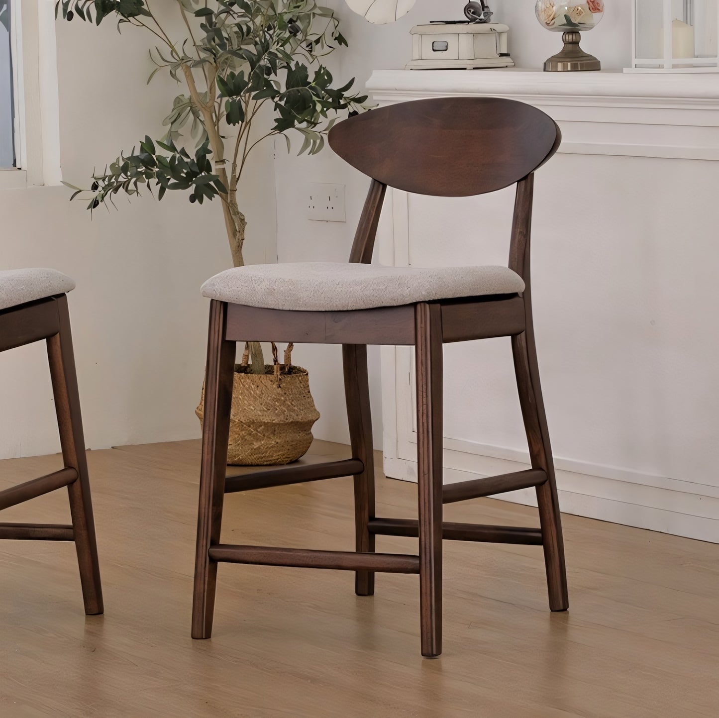 Mersin 5-Piece Counter Height Dining Set – Rich Walnut with Beige Upholstered Chairs