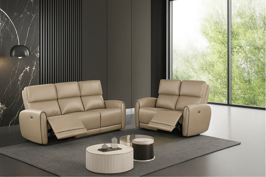 Schlieren 2-Piece Contemporary Power Reclining Sofa & Loveseat Set – Beige Leatherette