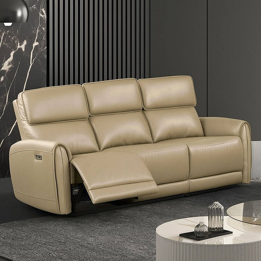 Beige leather sofa in a modern living room setting with a coffee table and decorative items.
