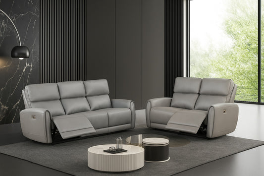 Schlieren 2-Piece Contemporary Power Reclining Sofa & Loveseat Set – Gray Leatherette