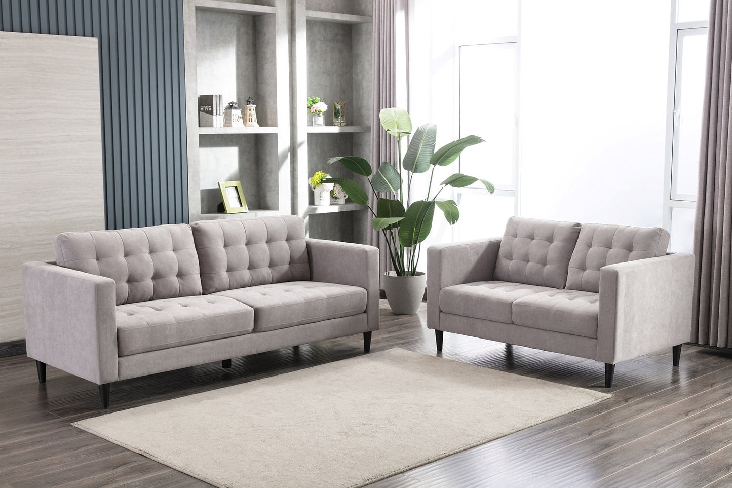 Shelton Modern Tufted Gray Sofa & Loveseat Set – 2 Piece