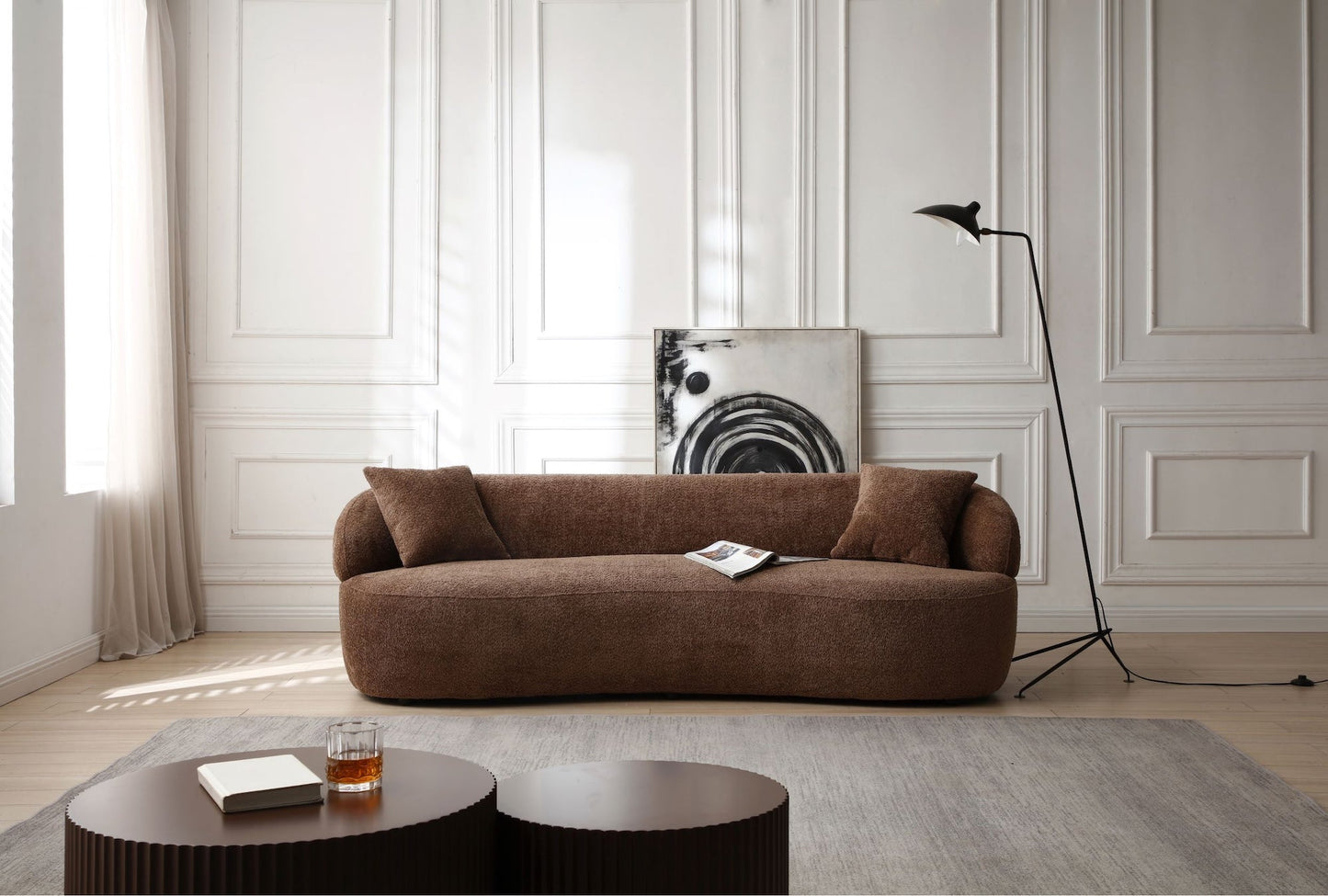 Silas Mid Century Modern Curved Bouclé Sofa, Brown