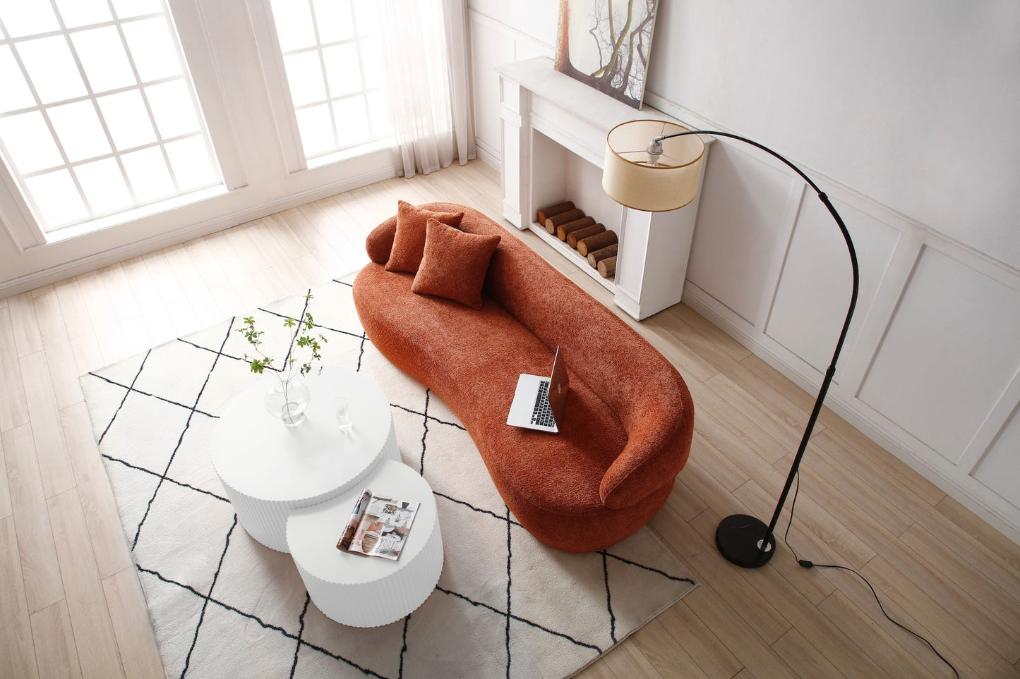 Silas Mid Century Modern Curved Bouclé Sofa, Orange