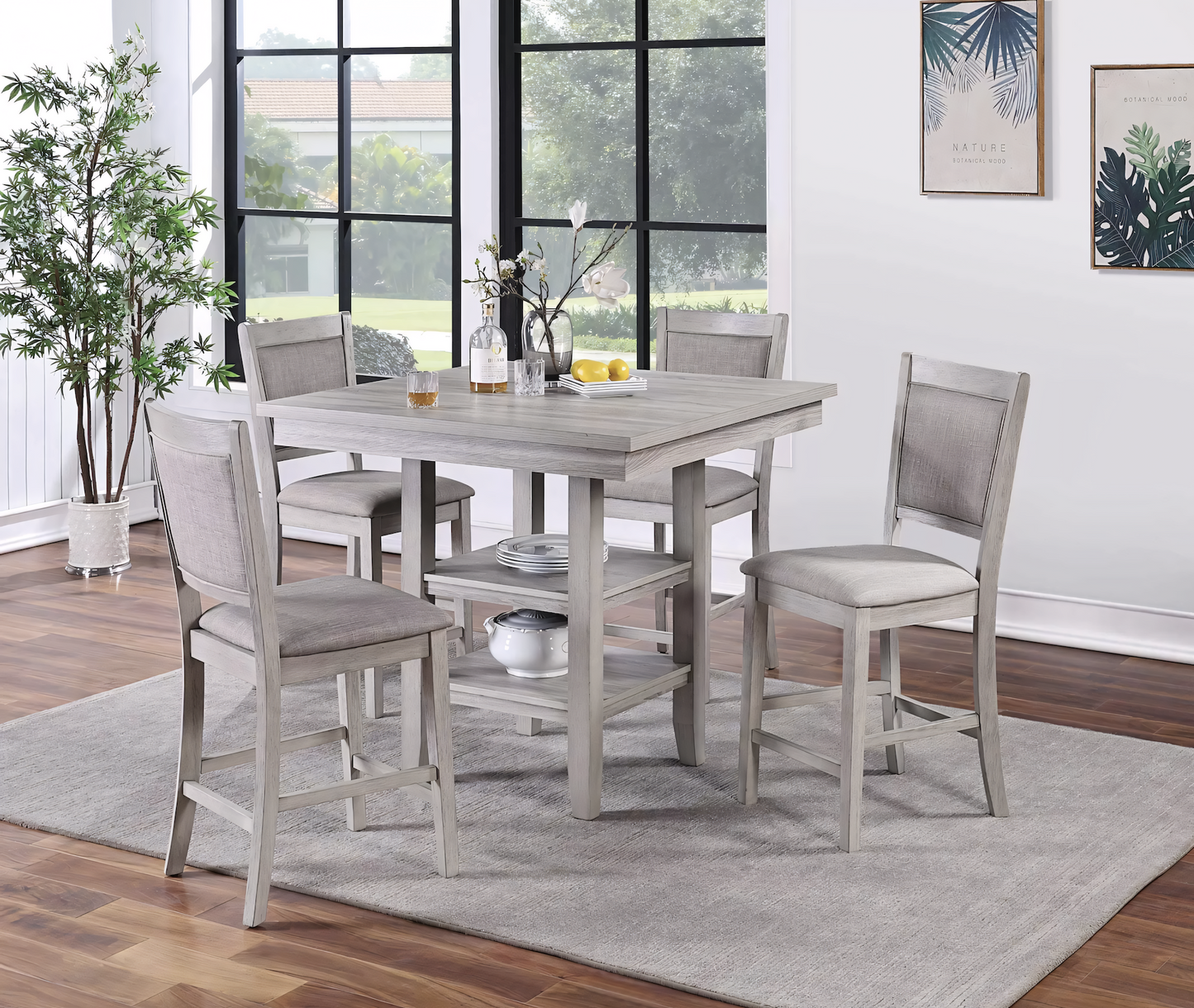 Soren 5-Piece Counter Height Dining Set with Storage Shelf – Light Gray