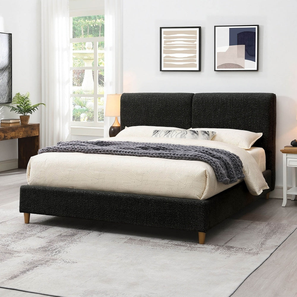 Stavern Bouclé Upholstered Queen Platform Bed – Curved Headboard & Wood Legs
