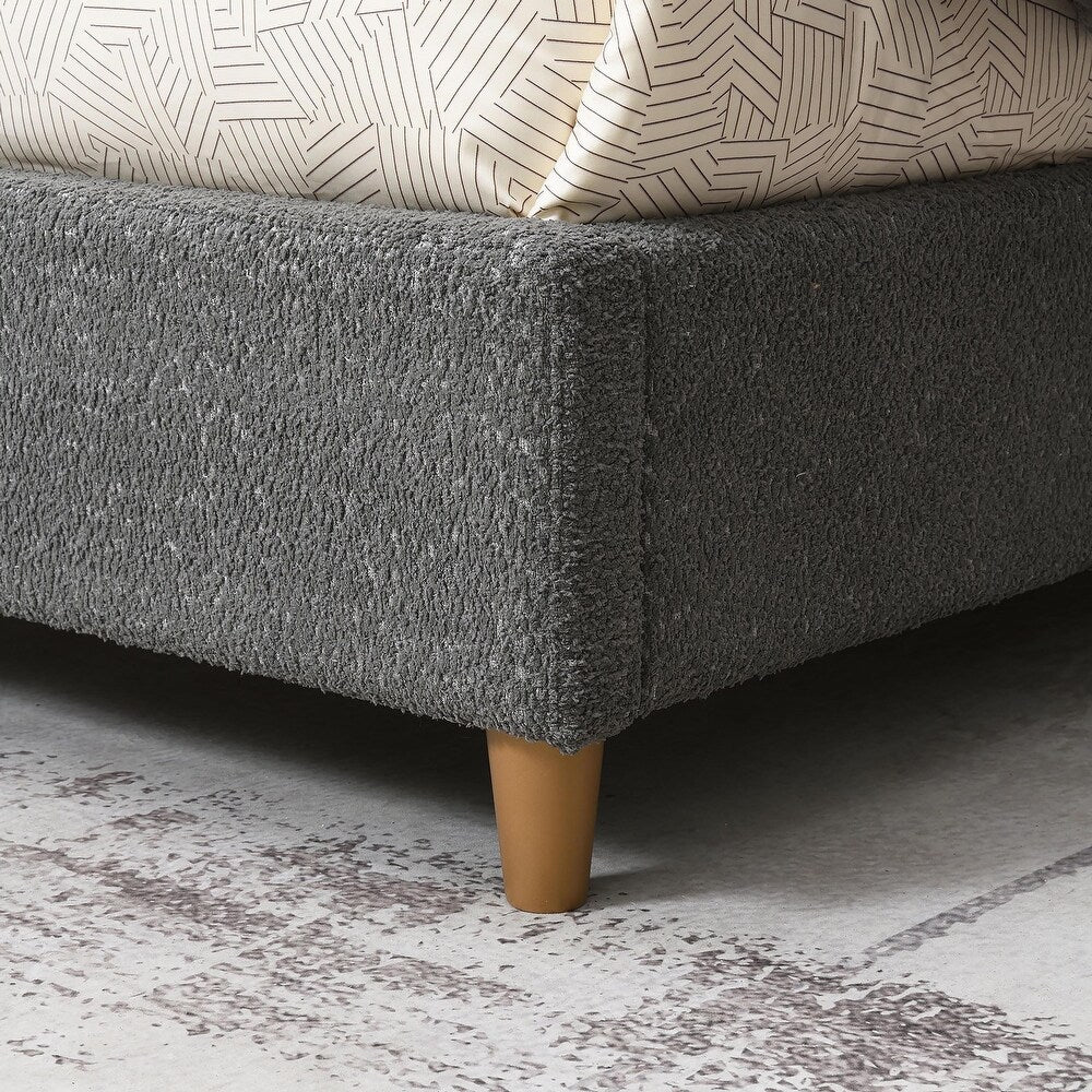 Stavern Bouclé Upholstered Queen Platform Bed – Curved Headboard & Wood Legs