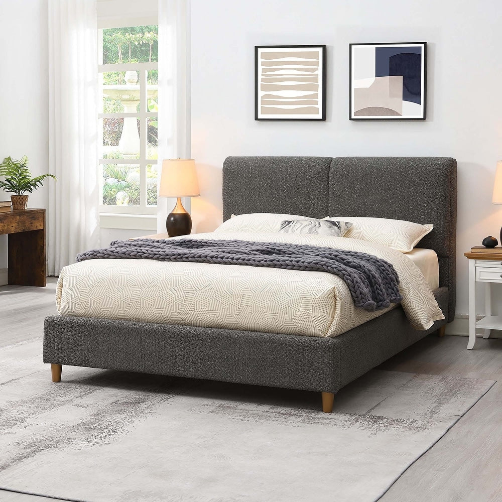 Stavern Bouclé Upholstered Queen Platform Bed – Curved Headboard & Wood Legs
