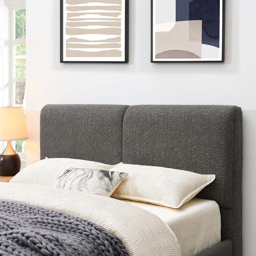 Stavern Bouclé Upholstered Queen Platform Bed – Curved Headboard & Wood Legs