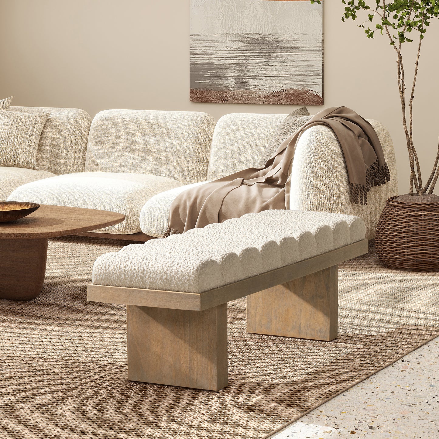 Sutton 52” Bouclé Channel-Tufted Accent Bench – Ivory White