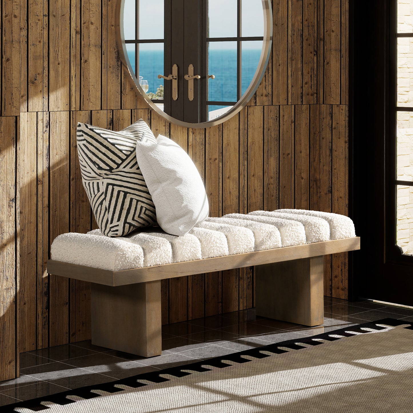 Sutton 52” Bouclé Channel-Tufted Accent Bench – Ivory White