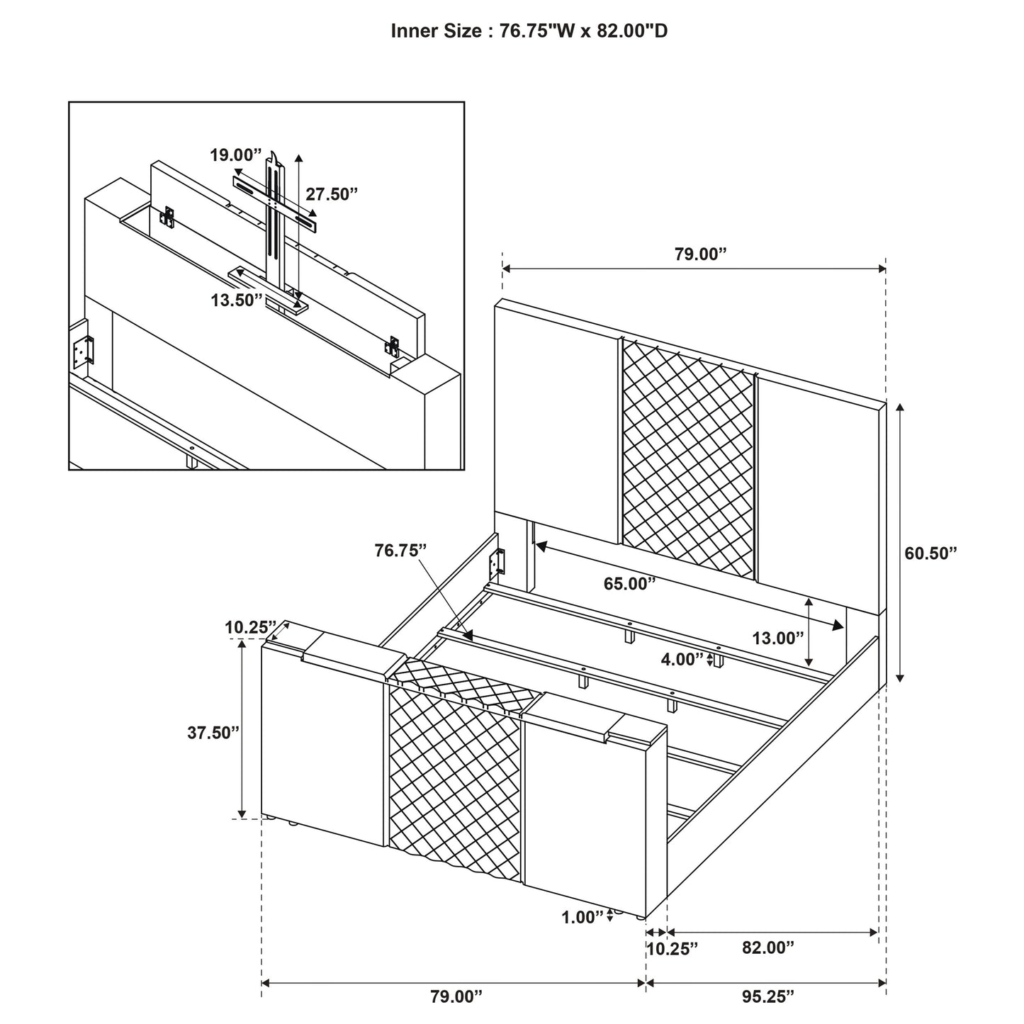 Tara Gray Velvet Diamond Tufted TV Lift Bed – Eastern King