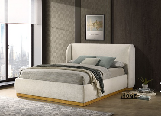 Whitman Contemporary White Boucle & Gold Queen Platform Bed