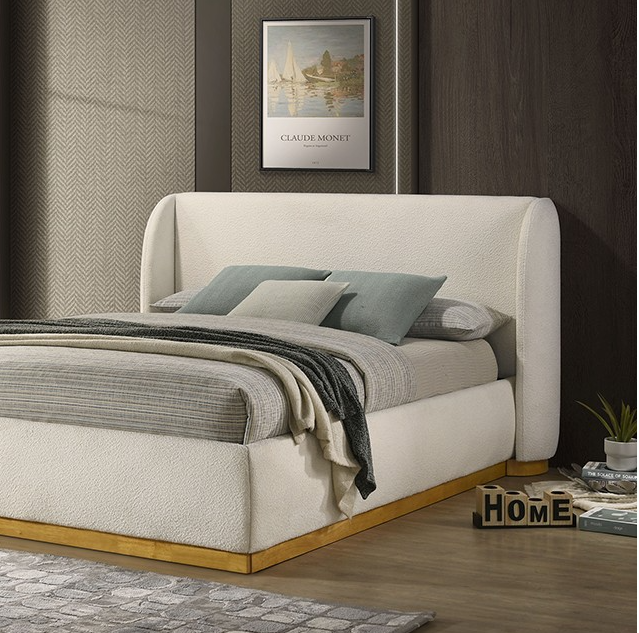 Whitman Contemporary White Boucle & Gold Queen Platform Bed