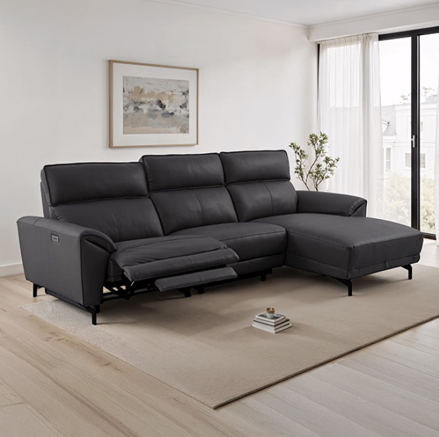 Theola Contemporary Black Top Grain Leather Power Sectional with Chaise