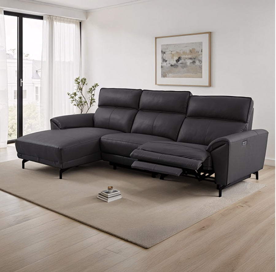 Theola Contemporary Black Top Grain Leather Power Sectional with Chaise