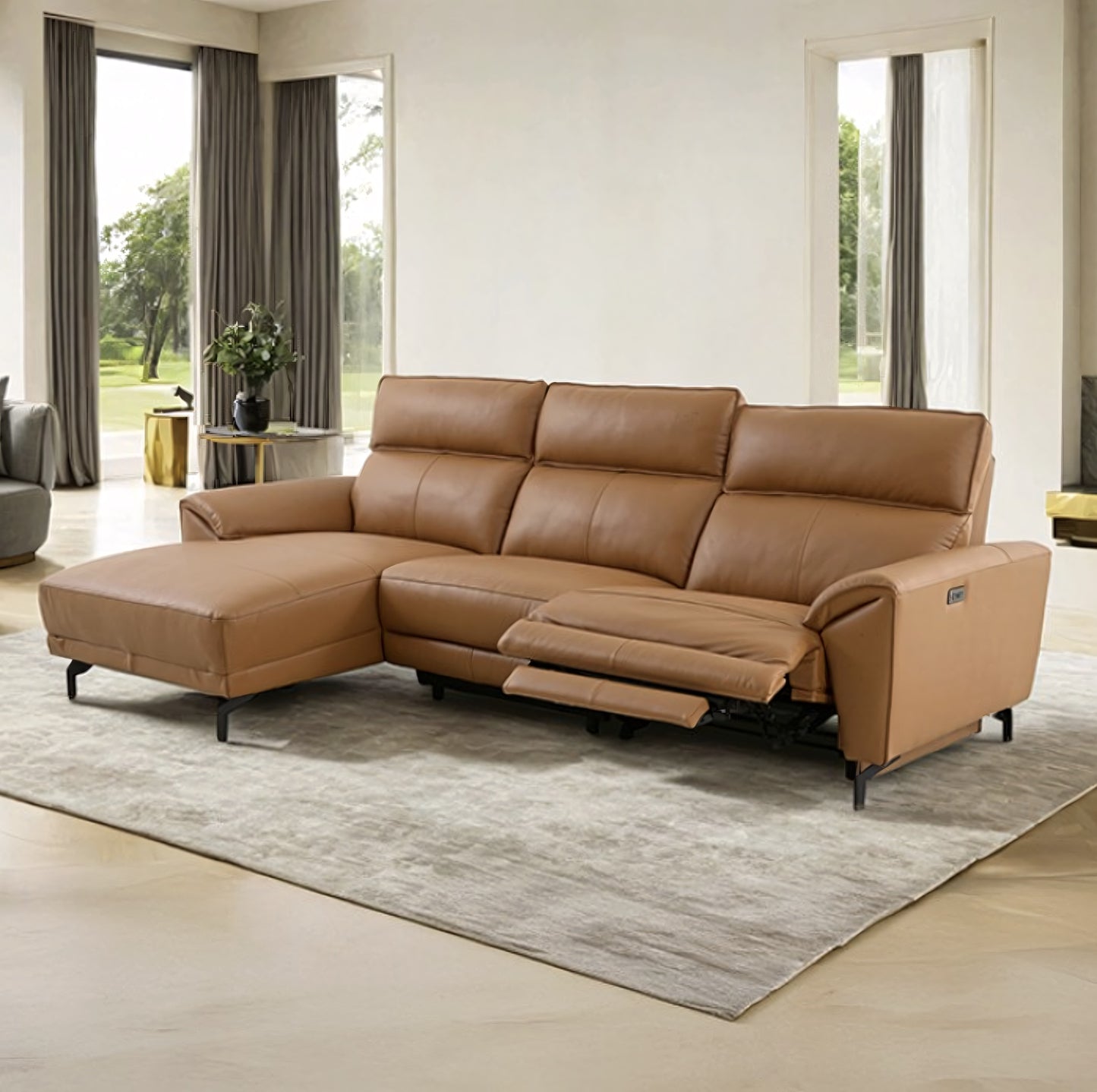 Theola Contemporary Clay Brown Top Grain Leather Power Sectional with Chaise
