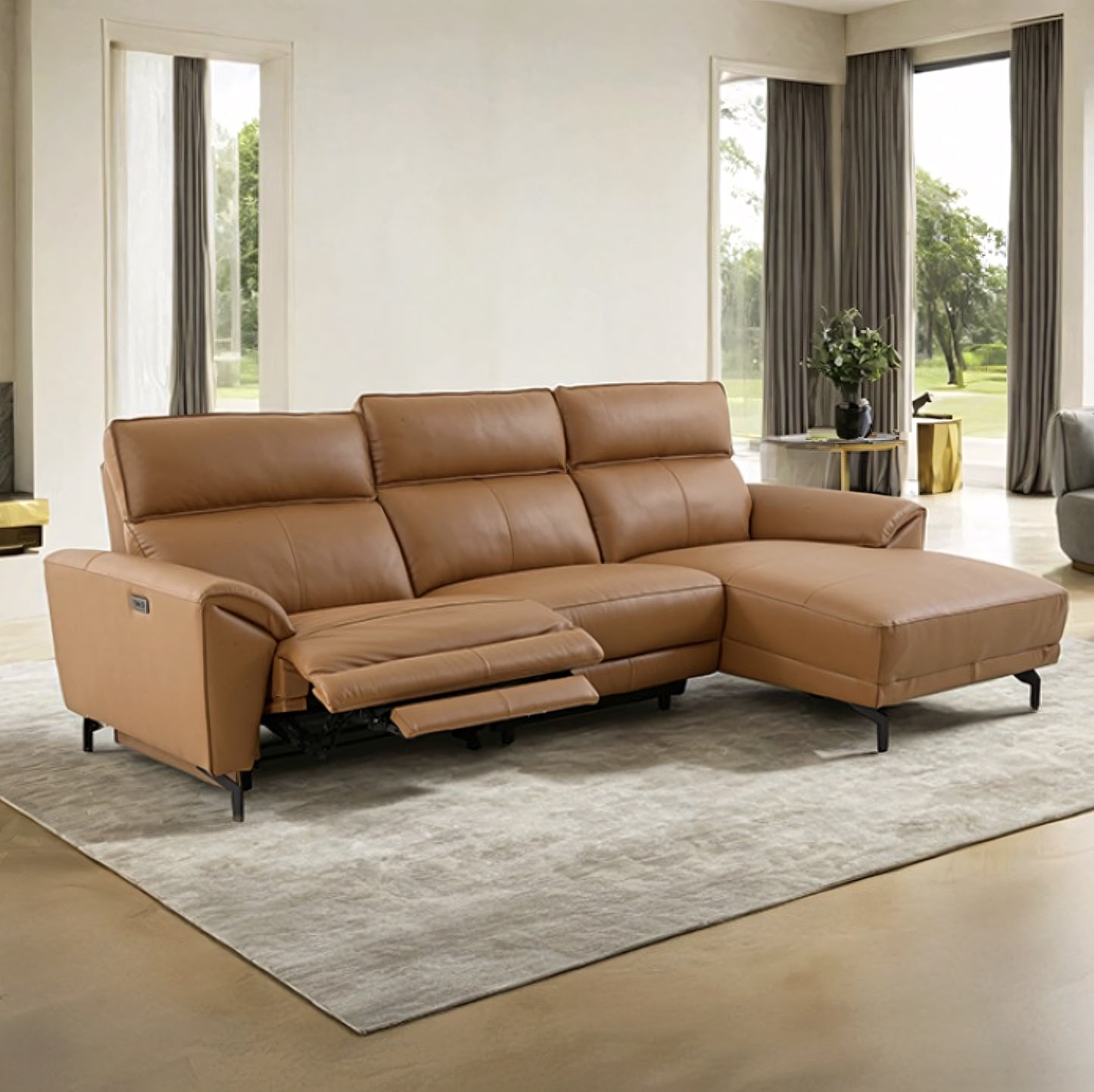 Theola Contemporary Clay Brown Top Grain Leather Power Sectional with Chaise