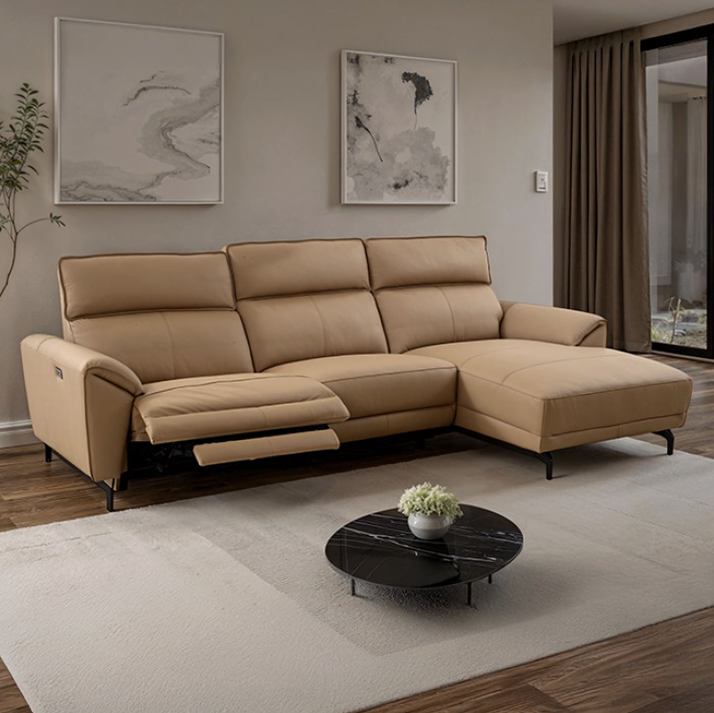 Theola Contemporary Light Brown Top Grain Leather Power Sectional with Chaise