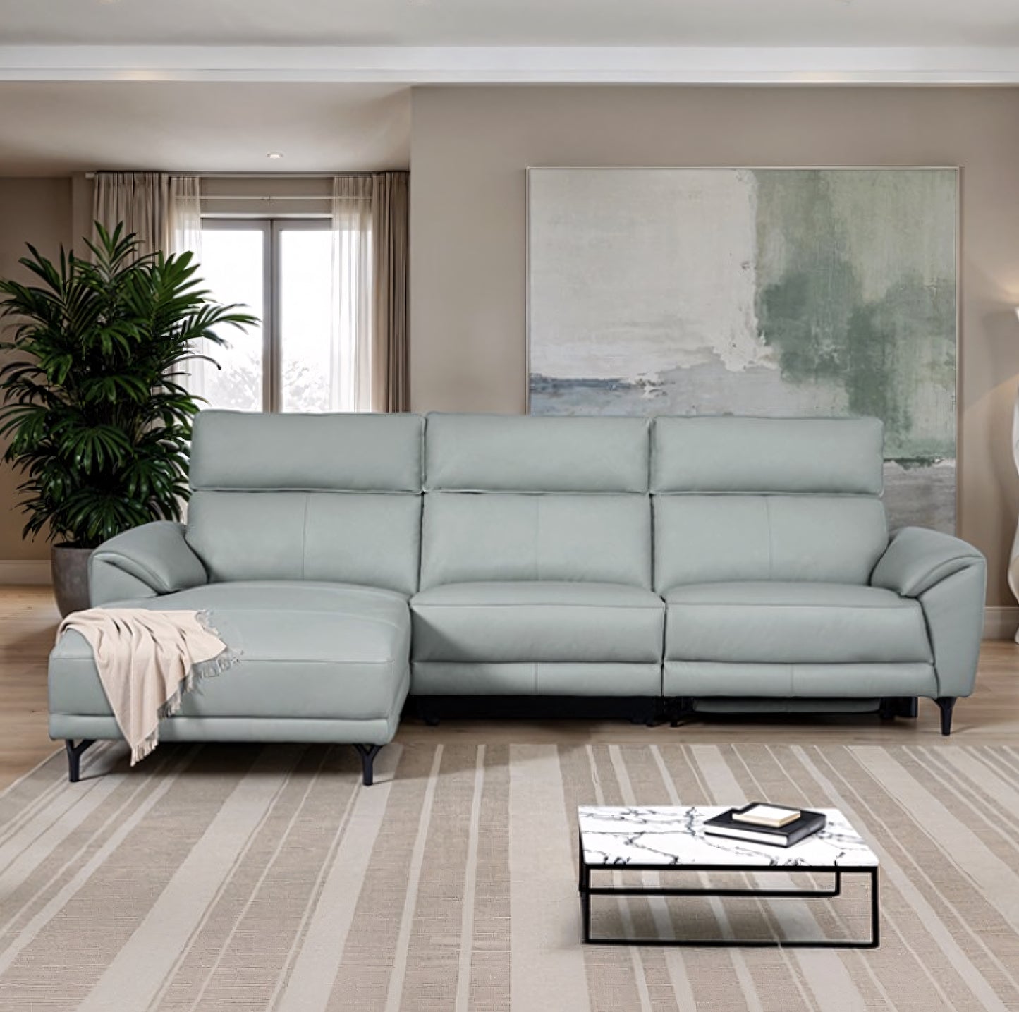 Theola Contemporary Pale Blue Top Grain Leather Power Sectional with Chaise