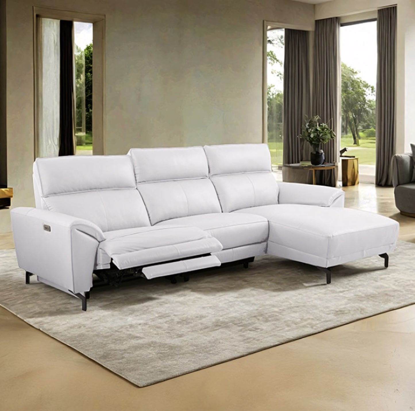 Theola Contemporary White Top Grain Leather Power Sectional with Chaise