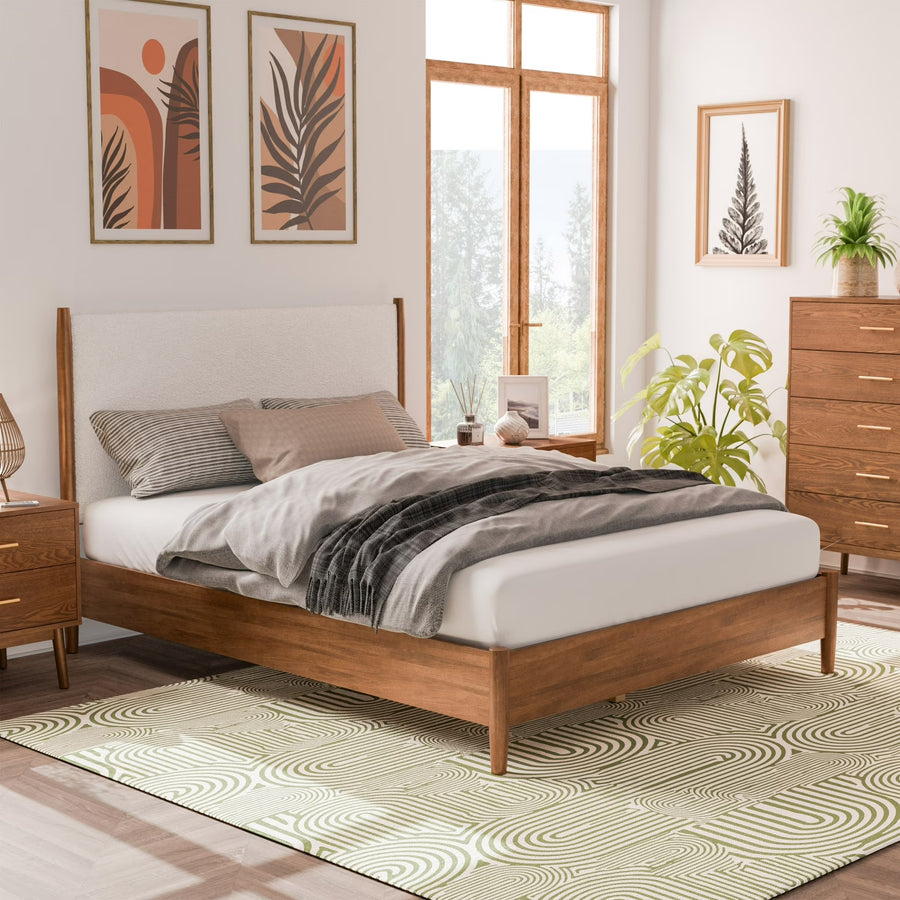 Thusis Full Bed - Mid-Century Modern Walnut/Beige Bouclé