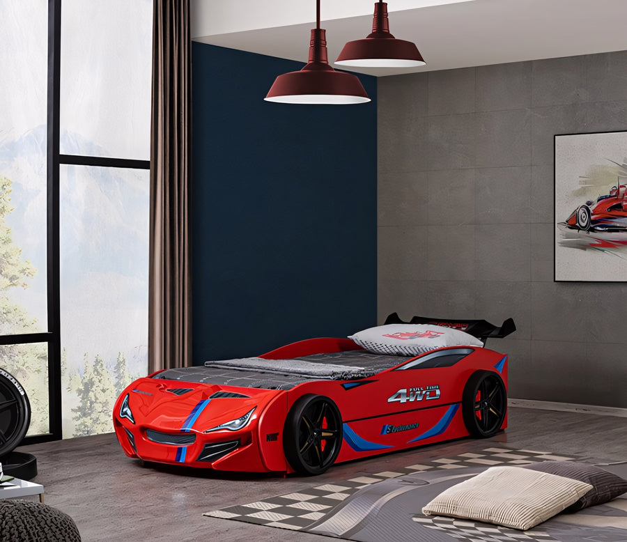 Tracklite Red Race Car Twin Bed – High Gloss Kids Novelty Bed - Red