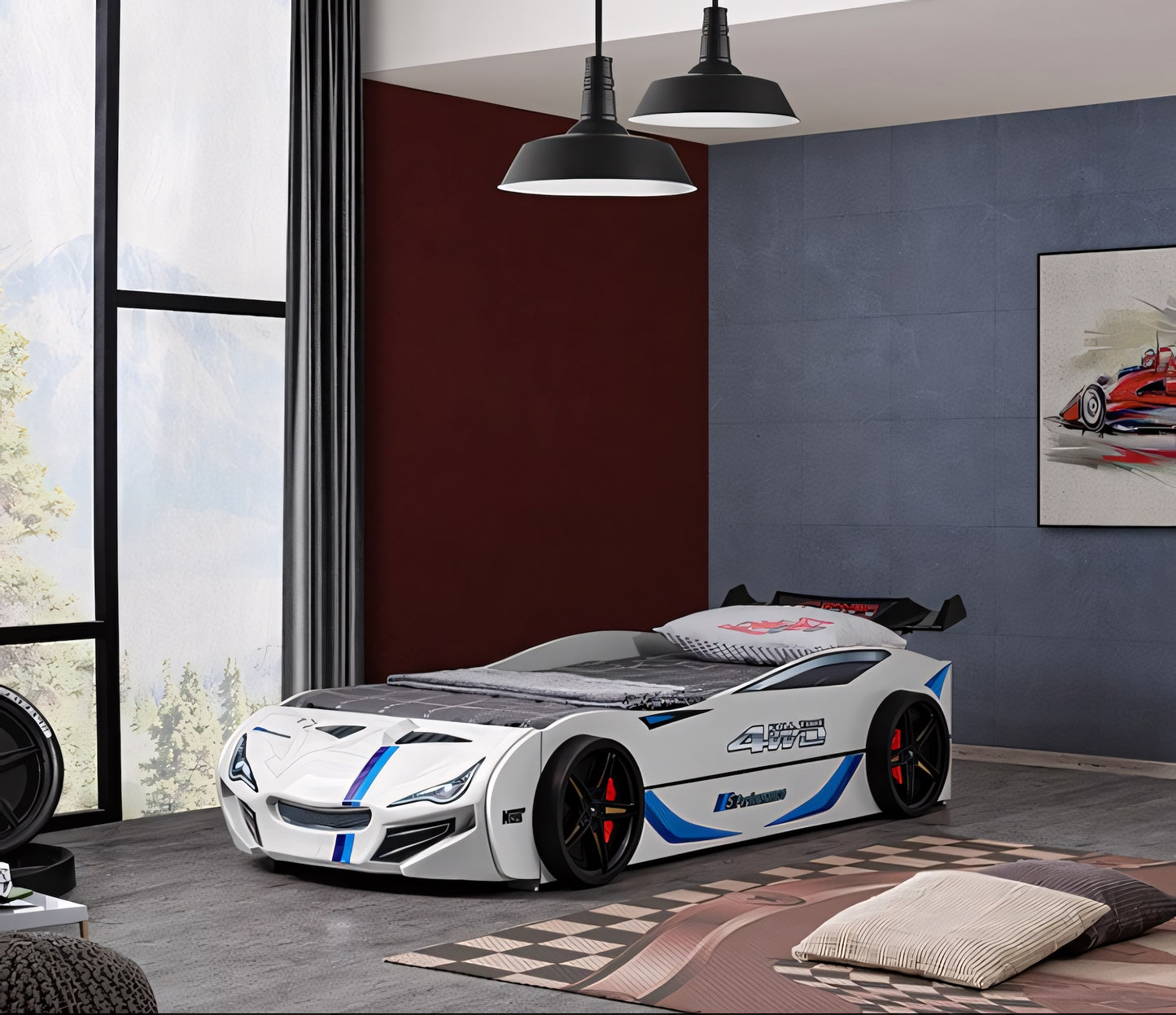 Tracklite White Race Car Twin Bed – High Gloss Kids Novelty Bed - White