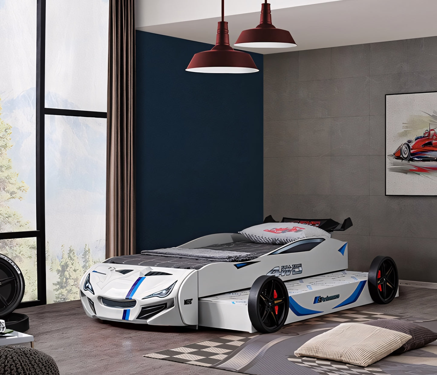 Tracklite White Race Car Twin Bed – High Gloss Kids Novelty Bed - White