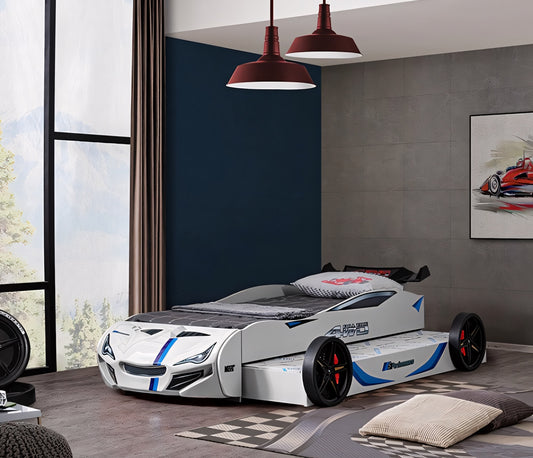 Tracklite White Race Car Twin Bed – High Gloss Kids Novelty Bed - White