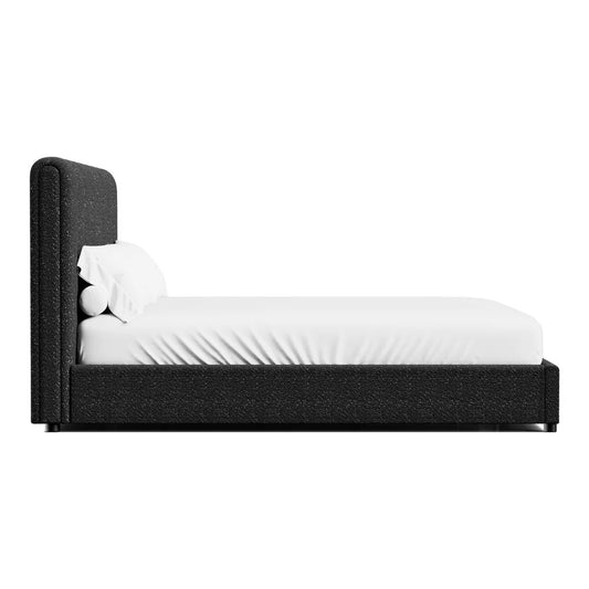 Traverso Contemporary Black Bouclé  Full Platform Bed with Round Wood Legs