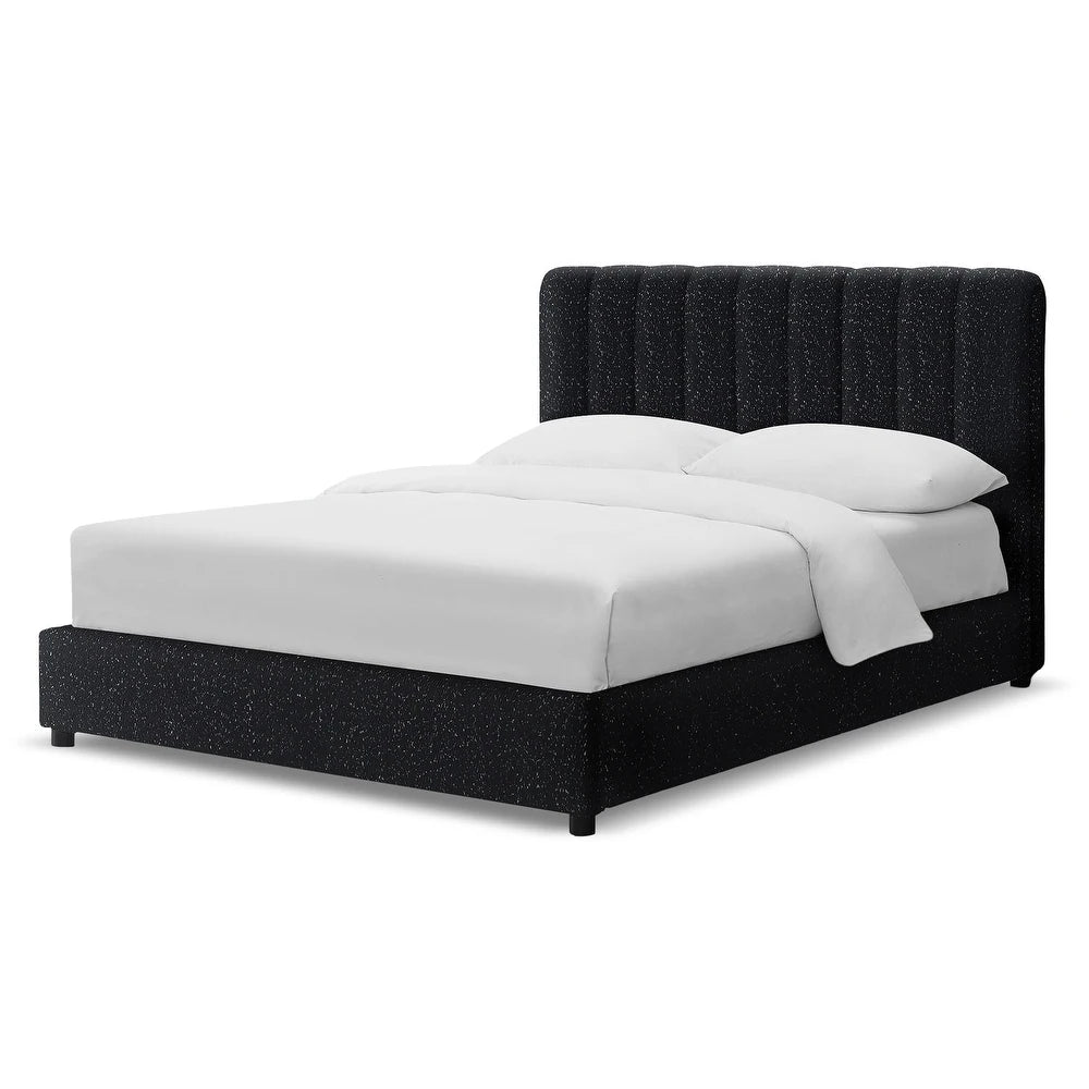 Traverso Contemporary Black Boucle Platform Bed with Round Wood Legs