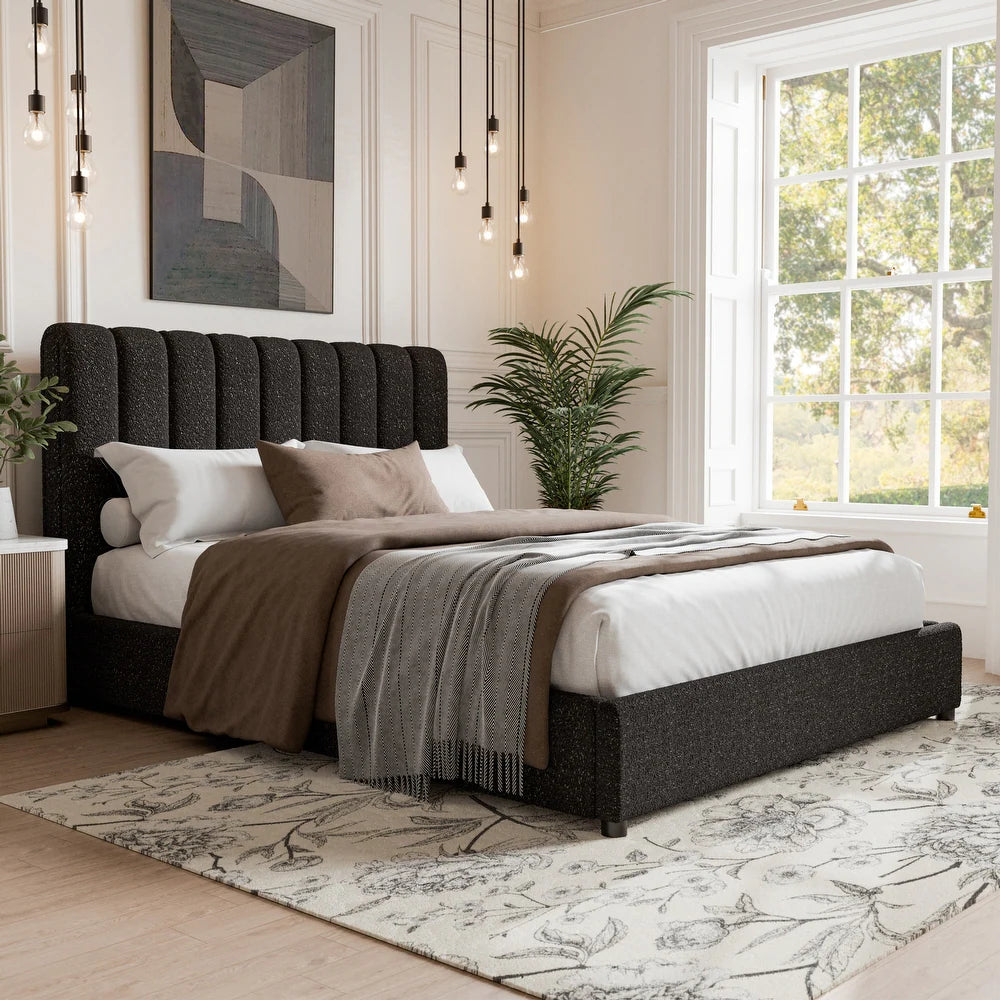 Traverso Contemporary Black Boucle Platform Bed with Round Wood Legs