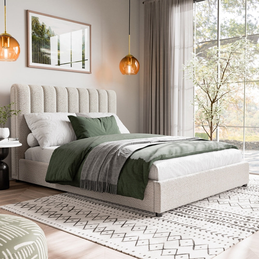 Traverso Contemporary White Boucle Platform Bed with Round Wood Legs