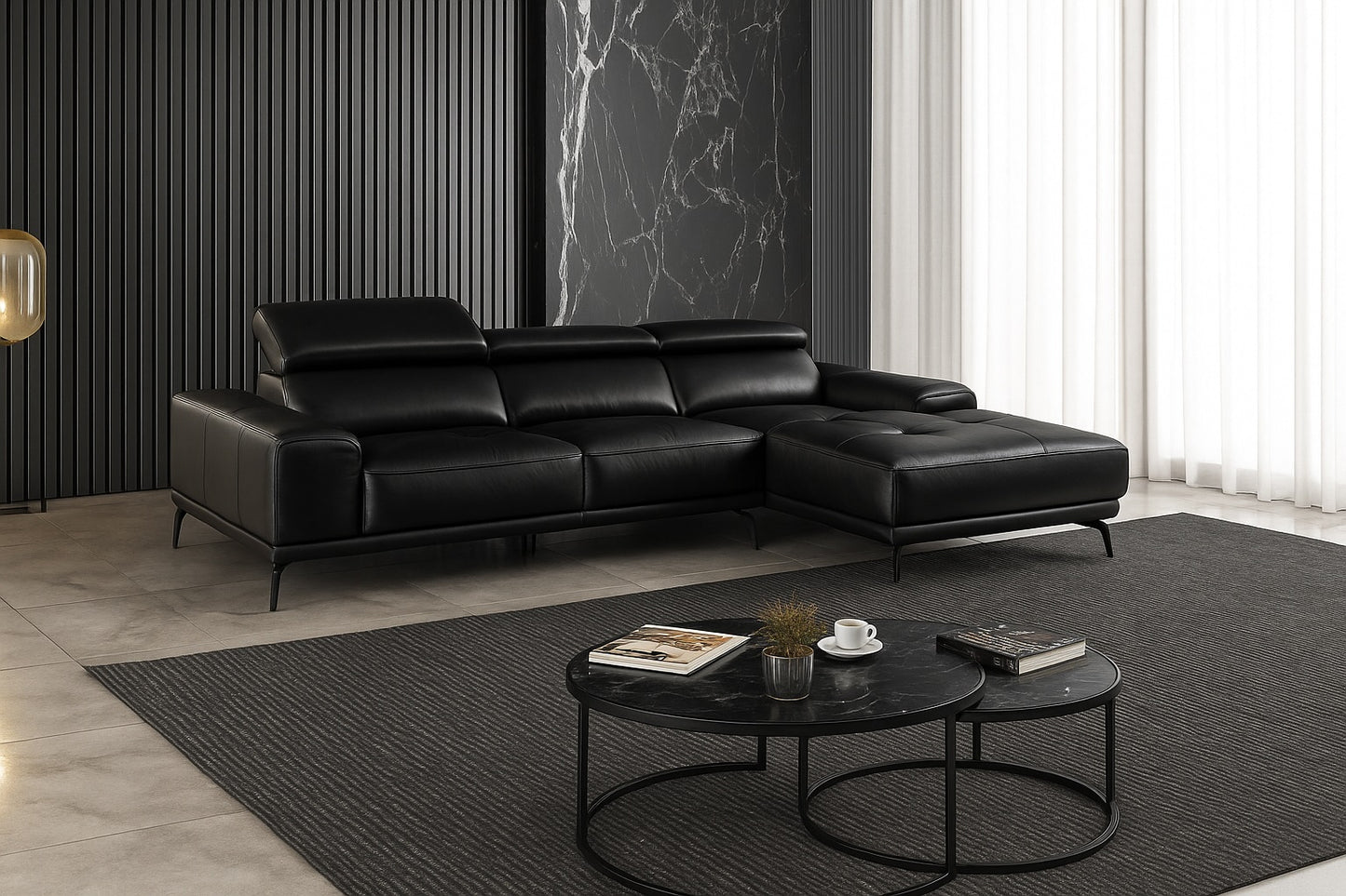 Vadso Modern Leather Sectional Sofa – Adjustable Headrests - Black