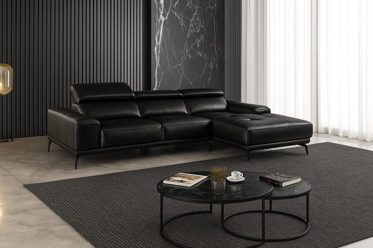Vadso Modern Leather Sectional Sofa – Adjustable Headrests - Black