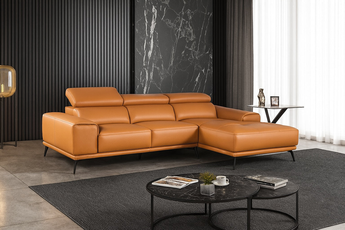 Vadso Modern Leather Sectional Sofa – Adjustable Headrests - Orange