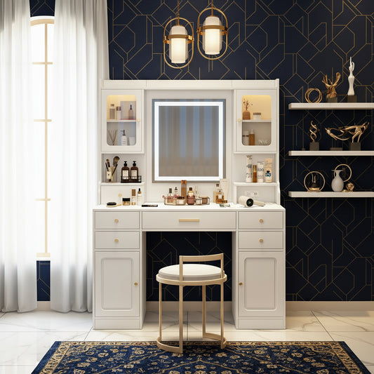 Large Vanity Table Set Makeup Vanity Dressing Table with Mirror, 6 Drawers & Shelves, Dresser Desk