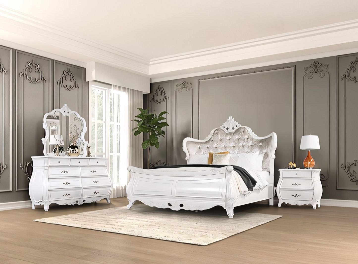 Velentini Traditional Queen Wing Back Bed - White & Tan