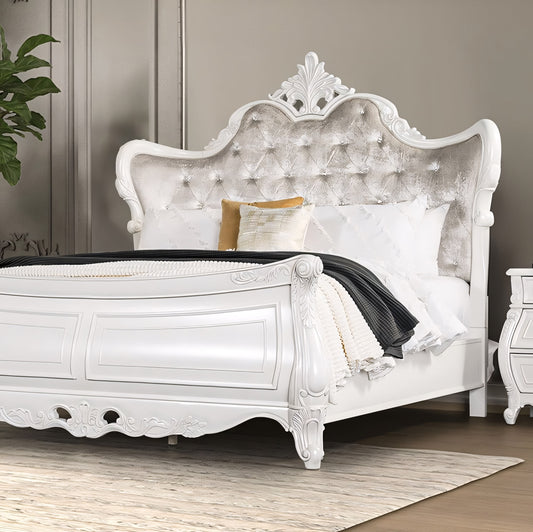 Velentini Traditional King Wing Back Bed - White & Tan