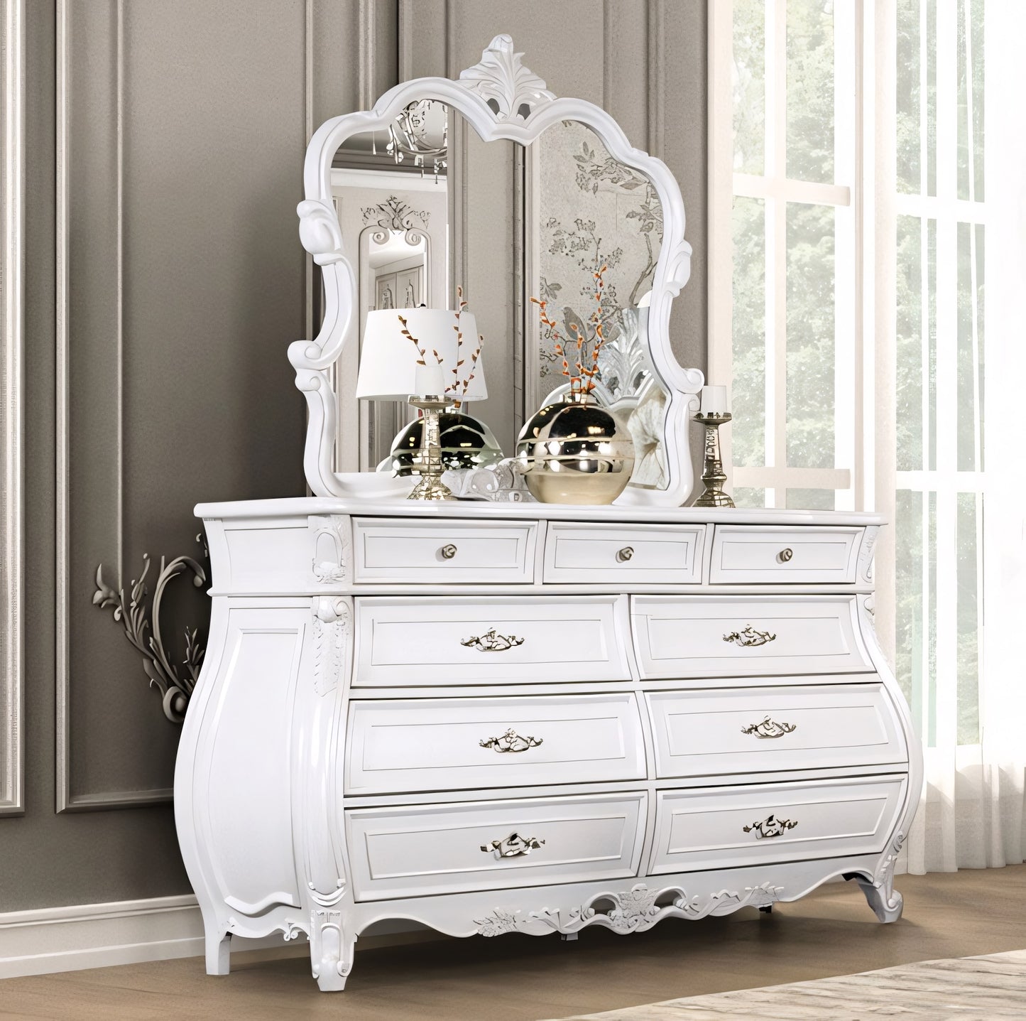 Velentini Traditional 9-Drawer Dresser w/ Crystal Knobs in White Velentini Traditional 9-Drawer Dresser w/ Crystal Knobs in White