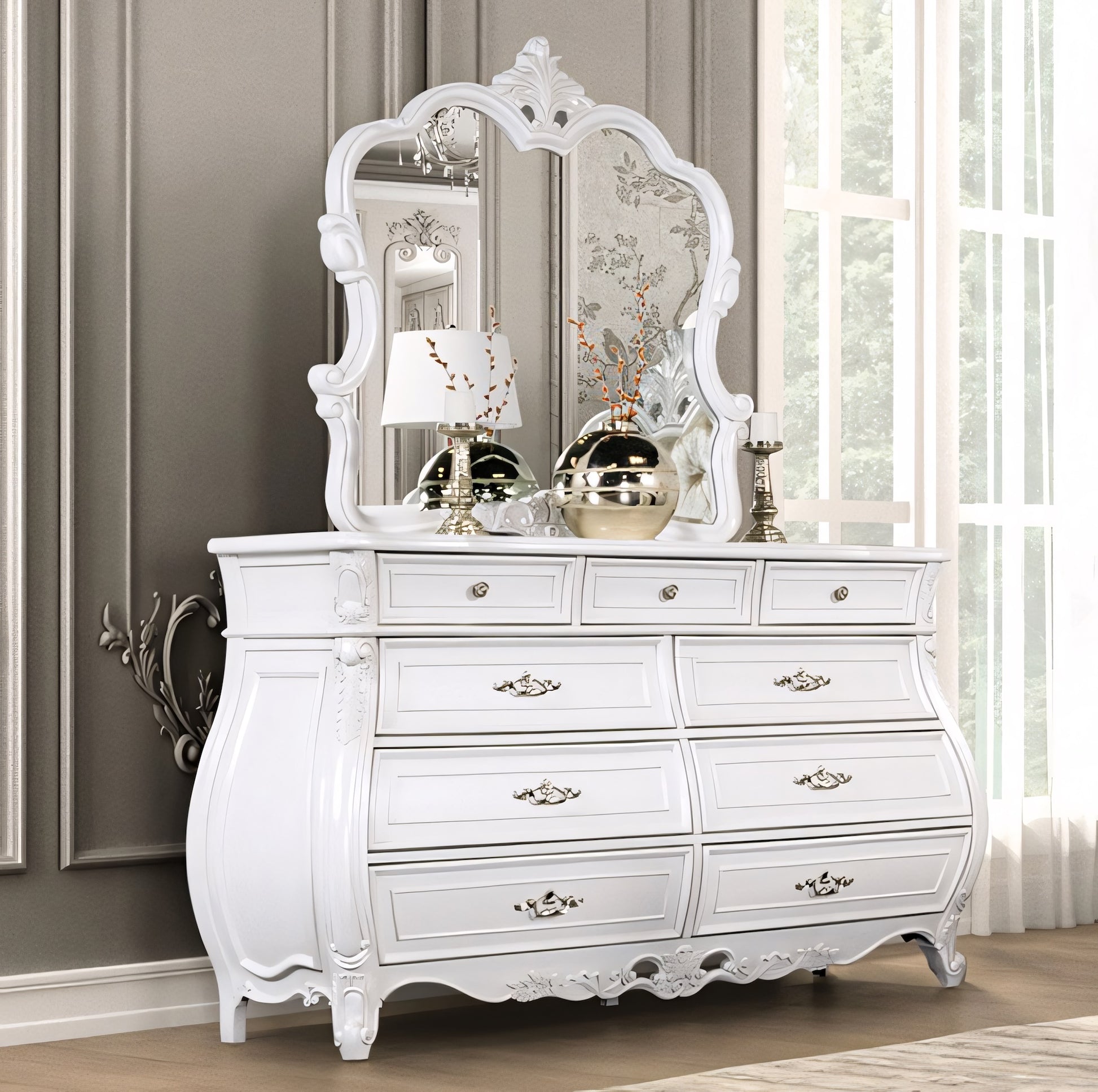 Velentini Traditional 9-Drawer Dresser w/ Crystal Knobs in White Velentini Traditional 9-Drawer Dresser w/ Crystal Knobs in White