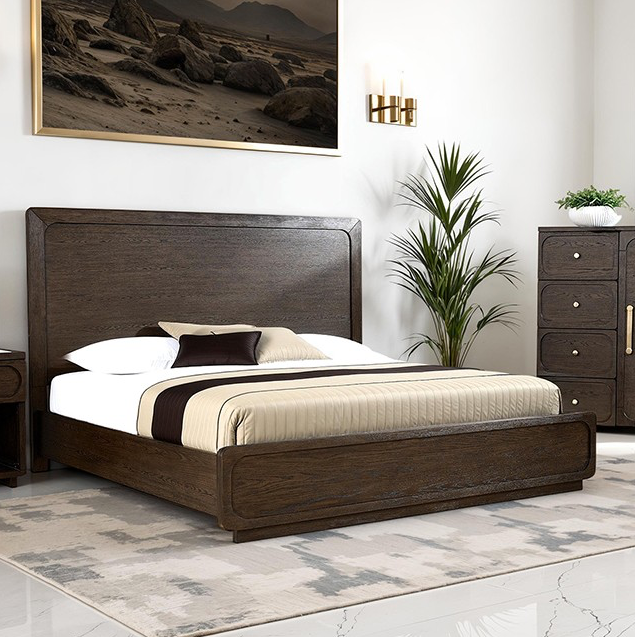 Vellara Transitional Wood King Panel Bed with LED Headboard – Dark Walnut - Finally Home Furnishings LLC