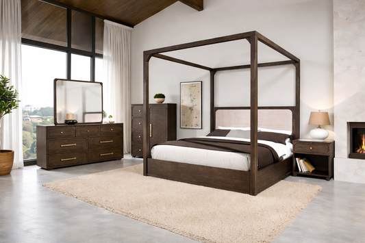 Vellara Transitional Queen Canopy Bed with Upholstered Headboard – Dark Walnut - Finally Home Furnishings LLC