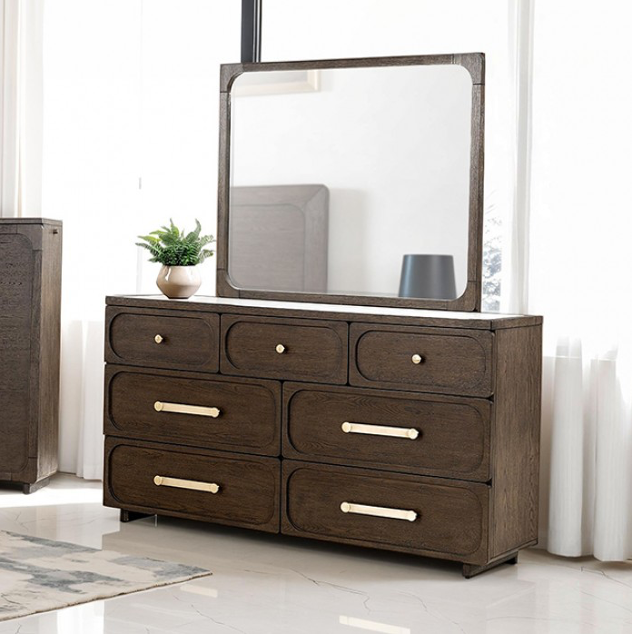 Vellara Transitional Dresser with Stone Top & Gold Hardware – Dark Walnut - Finally Home Furnishings LLC
