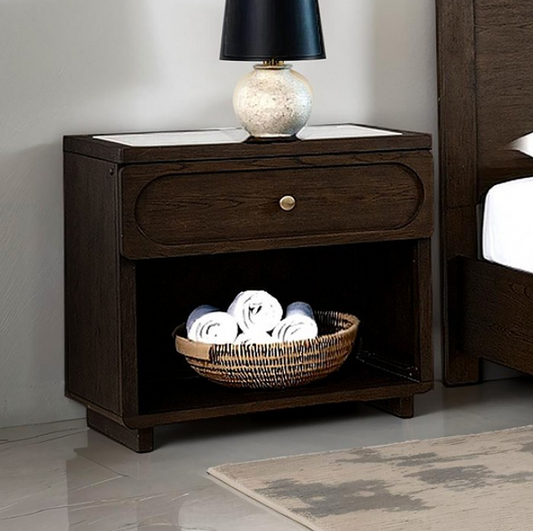 Vellara Transitional Nightstand with Stone Top & USB Charging – Dark Walnut - Finally Home Furnishings LLC