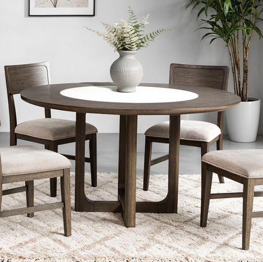 Vellara Transitional Round Dining Table with Trestle Base – Dark Walnut - Finally Home Furnishings LLC